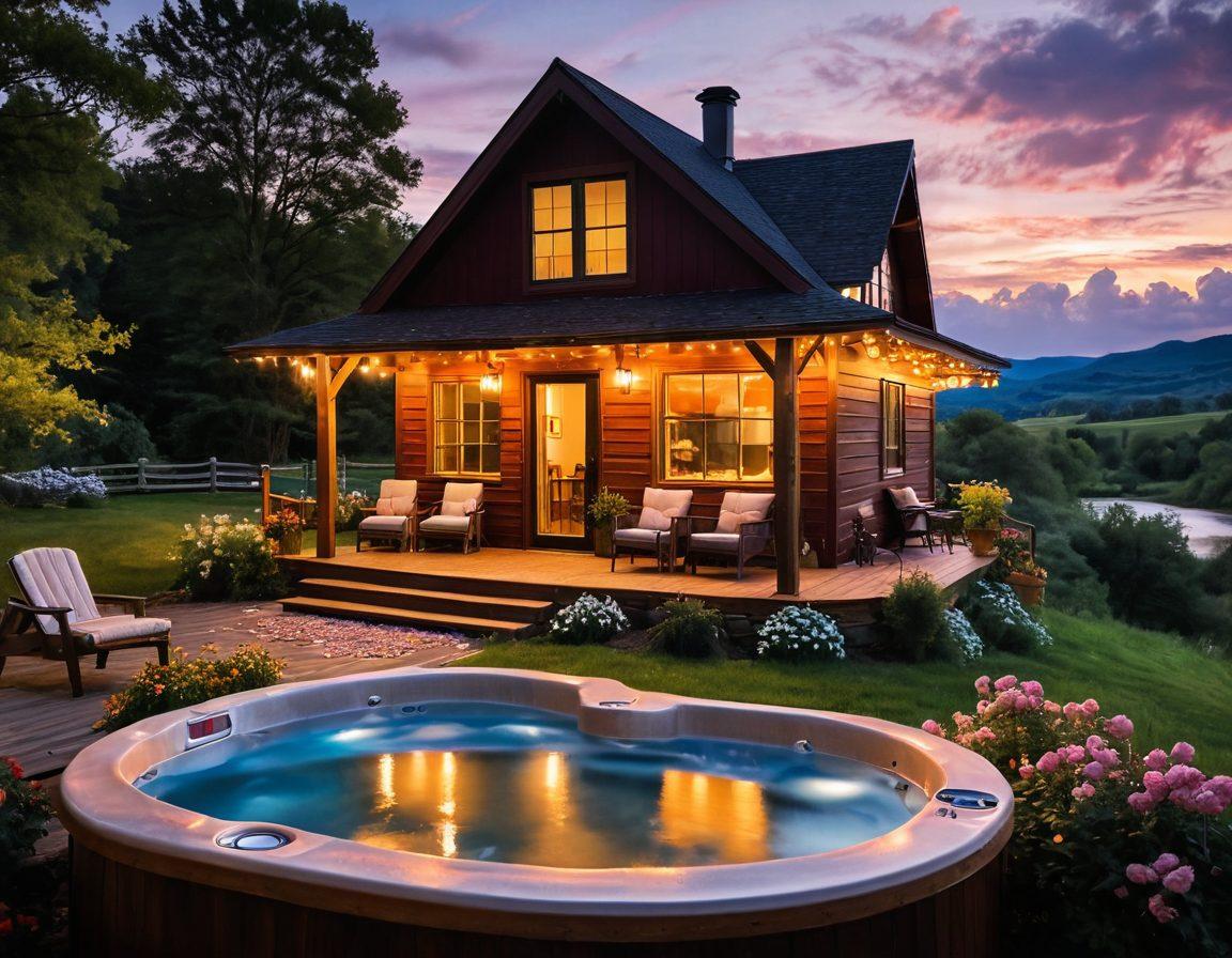 A cozy and romantic vacation retreat set amidst a beautiful landscape, featuring a charming cabin with a heart-shaped hot tub on a wooden deck, surrounded by blooming flowers and twinkling fairy lights. The sun sets in the background, casting a warm golden glow, while a couple enjoys a glass of wine. Soft, dreamy clouds float above, enhancing the romantic ambiance. painting. vibrant colors. soft focus.