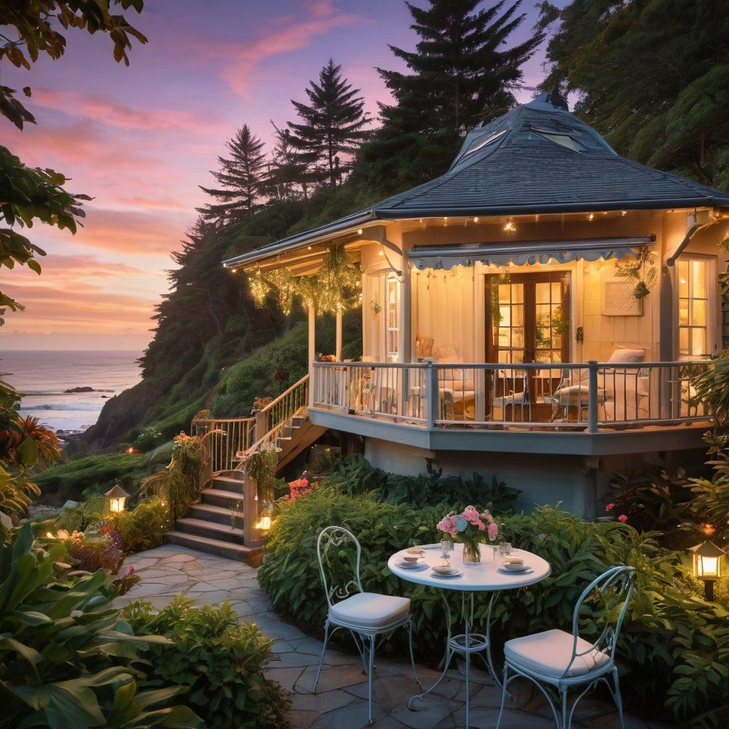 A picturesque scene of a cozy inn nestled in a lush green forest, alongside a luxurious rental property with a stunning ocean view, both showcasing warm lighting and inviting decor. Romantic elements like a whimsical outdoor seating area, a beautifully set table for two, and soft fairy lights hanging above, encapsulate the essence of an affectionate escape. The sky is painted in a dreamy sunset hue, enhancing the ambiance. super-realistic. vibrant colors. peaceful atmosphere.