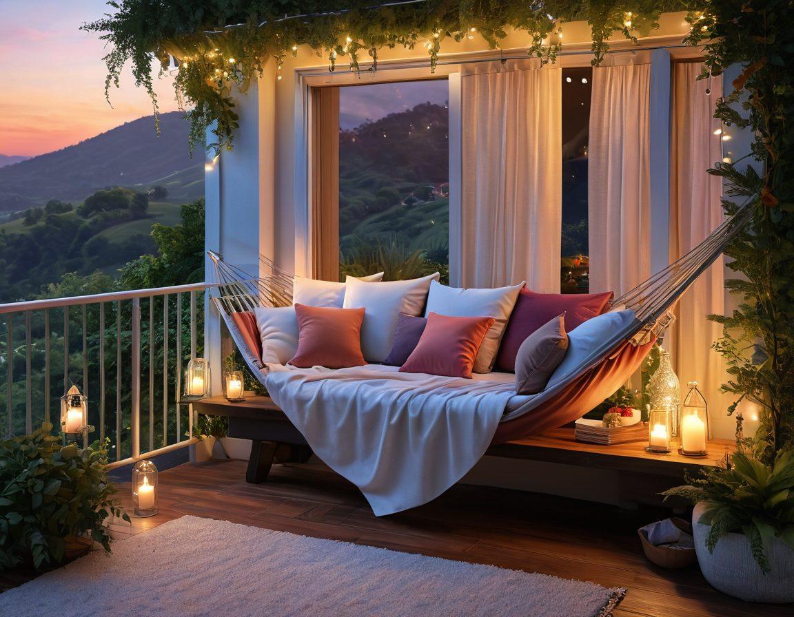 A cozy, romantic holiday home nestled in a scenic landscape, featuring a balcony with two glasses of wine and a sunset backdrop; lush greenery surrounds the property with twinkling fairy lights. Soft pillows and blankets strewn across a hammock invite relaxation. Capture the essence of affection in a serene setting. super-realistic. vibrant colors. 3D.
